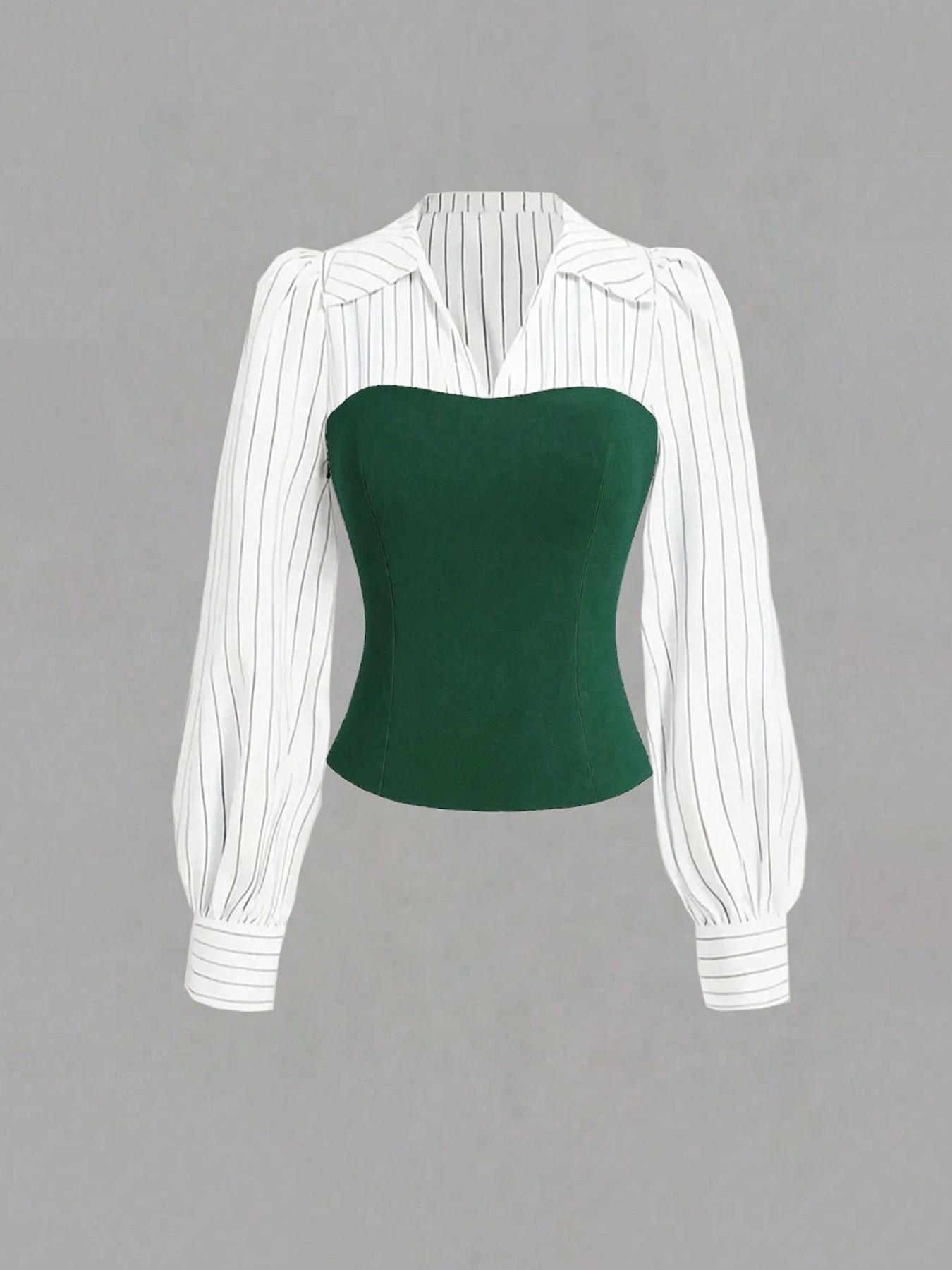 Women's Long Sleeve Colorblock Patchwork Shirt Set, Slimming Waist Design, Straight Leg Pants, Casual Fashion, Chic, Style, 2 Piece Set, Womenswear