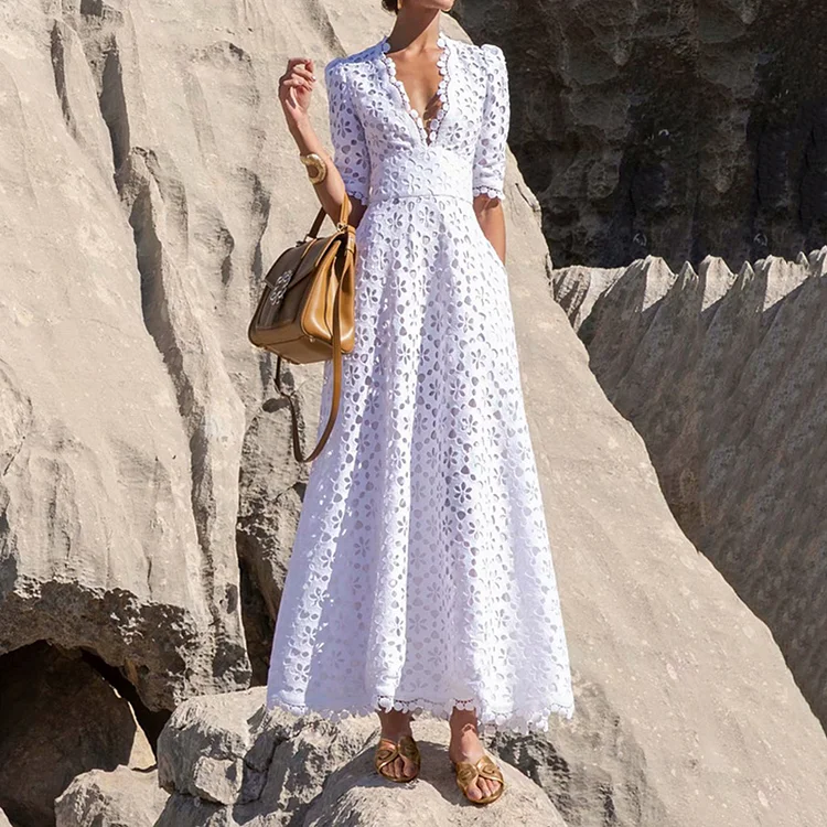 Hollow Flower Lace Sexy V-neck Half Sleeve Swing Maxi Dress