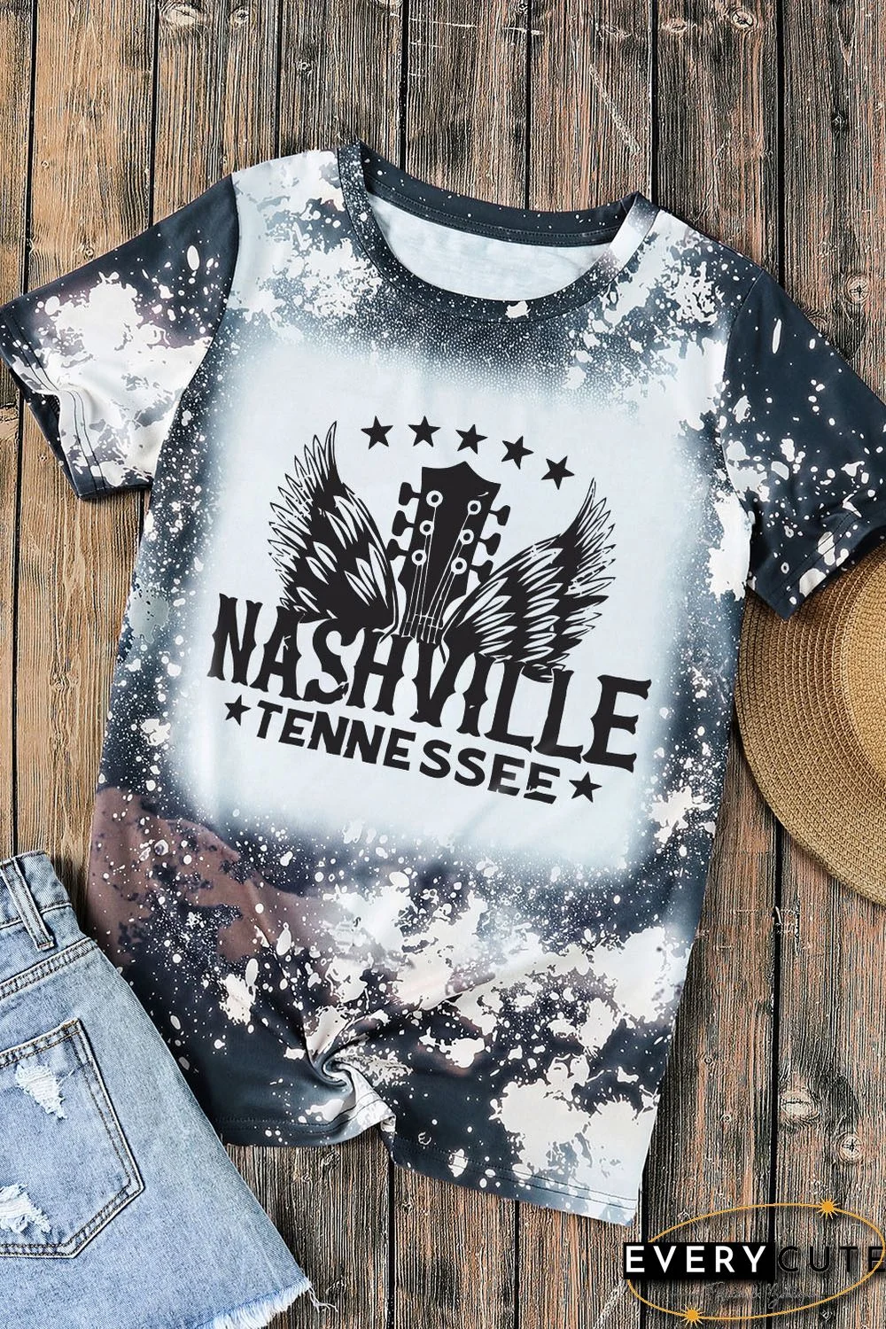 Multicolor Bleached Round Neck Short Sleeve T-shirt