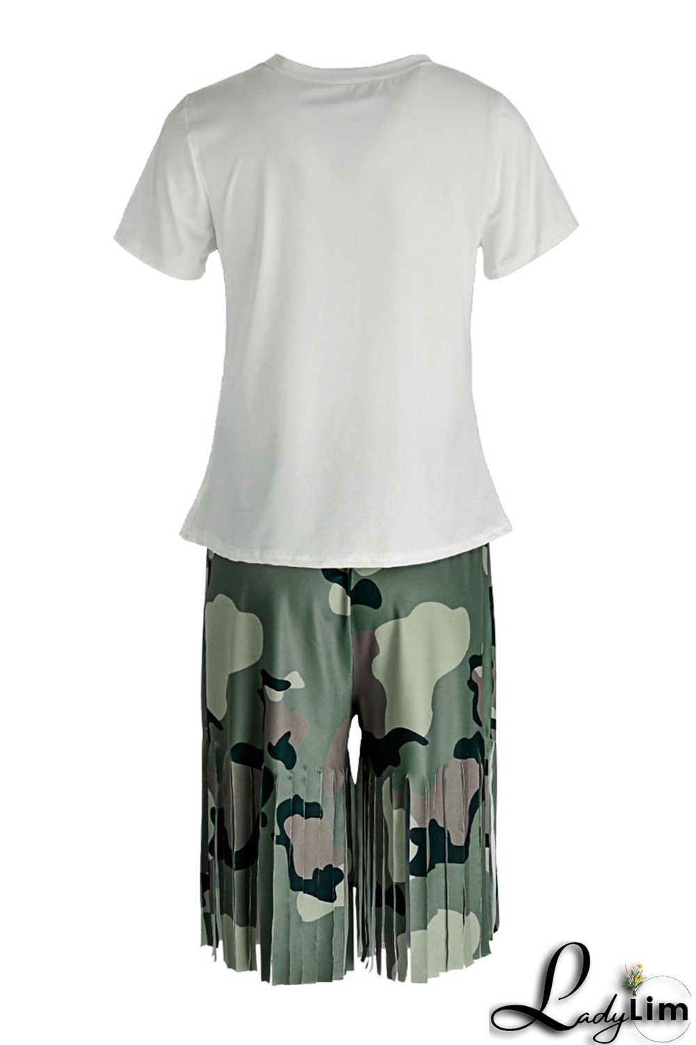 Camouflage Casual Print Tassel Patchwork O Neck Short Sleeve Two Pieces