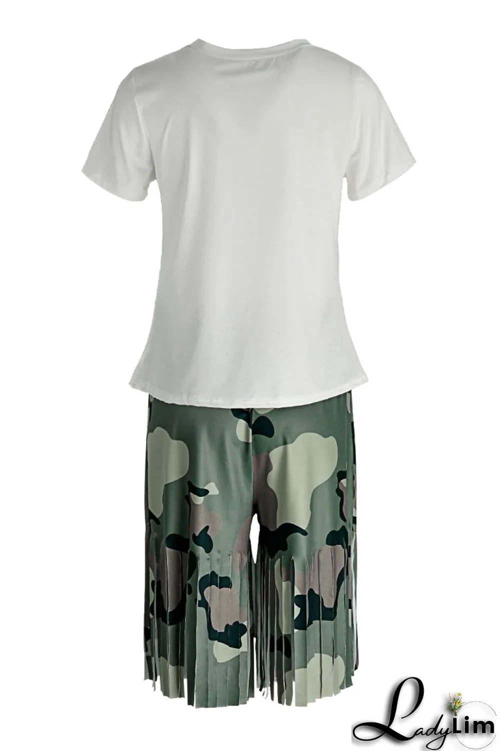 Camouflage Casual Print Tassel Patchwork O Neck Short Sleeve Two Pieces