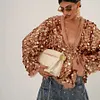 Women's Elegant Deep V-Neck Sequin Patchwork Jacket Coat