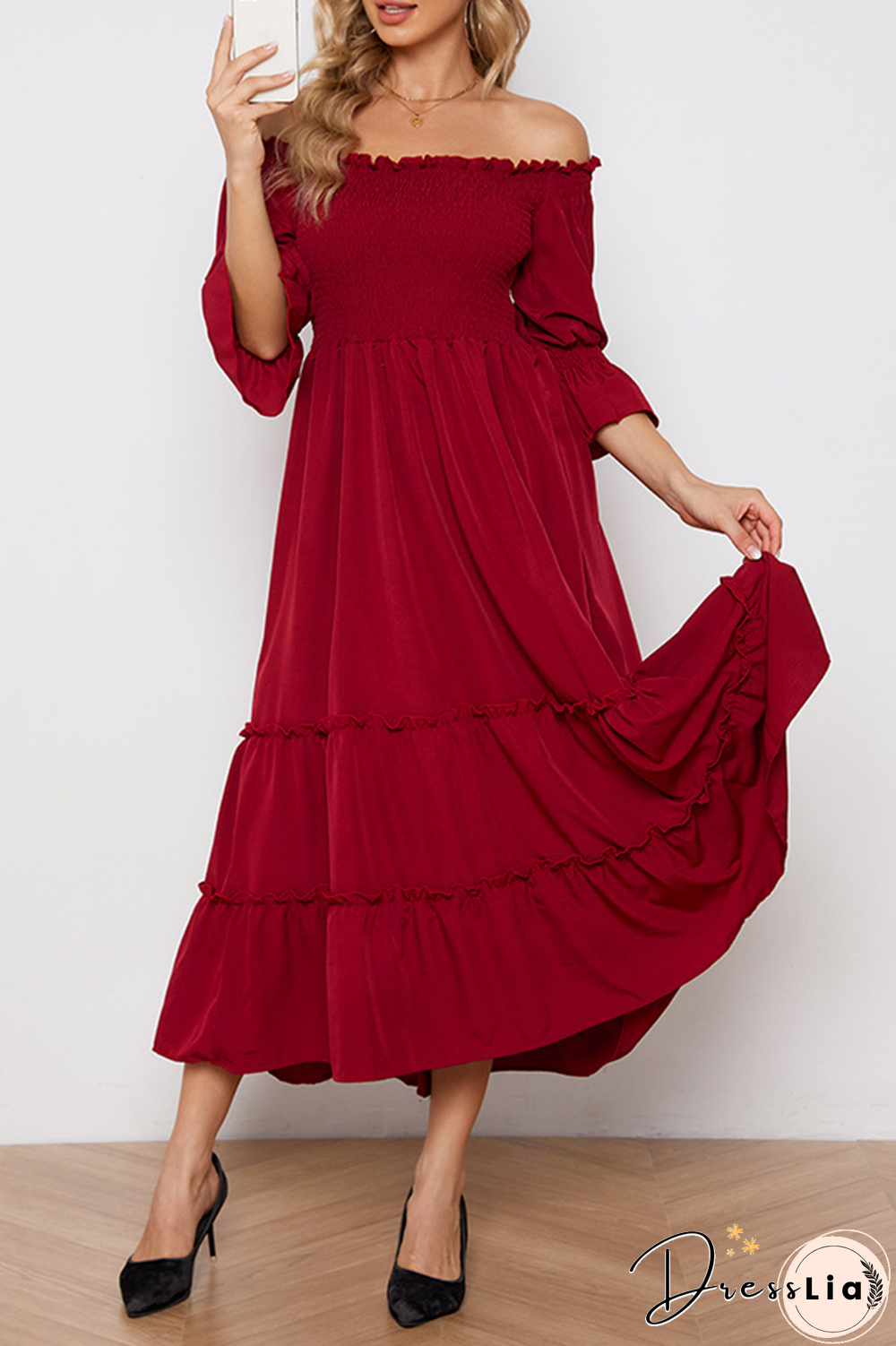 Elegant Solid Split Joint Stringy Selvedge Off the Shoulder Dresses