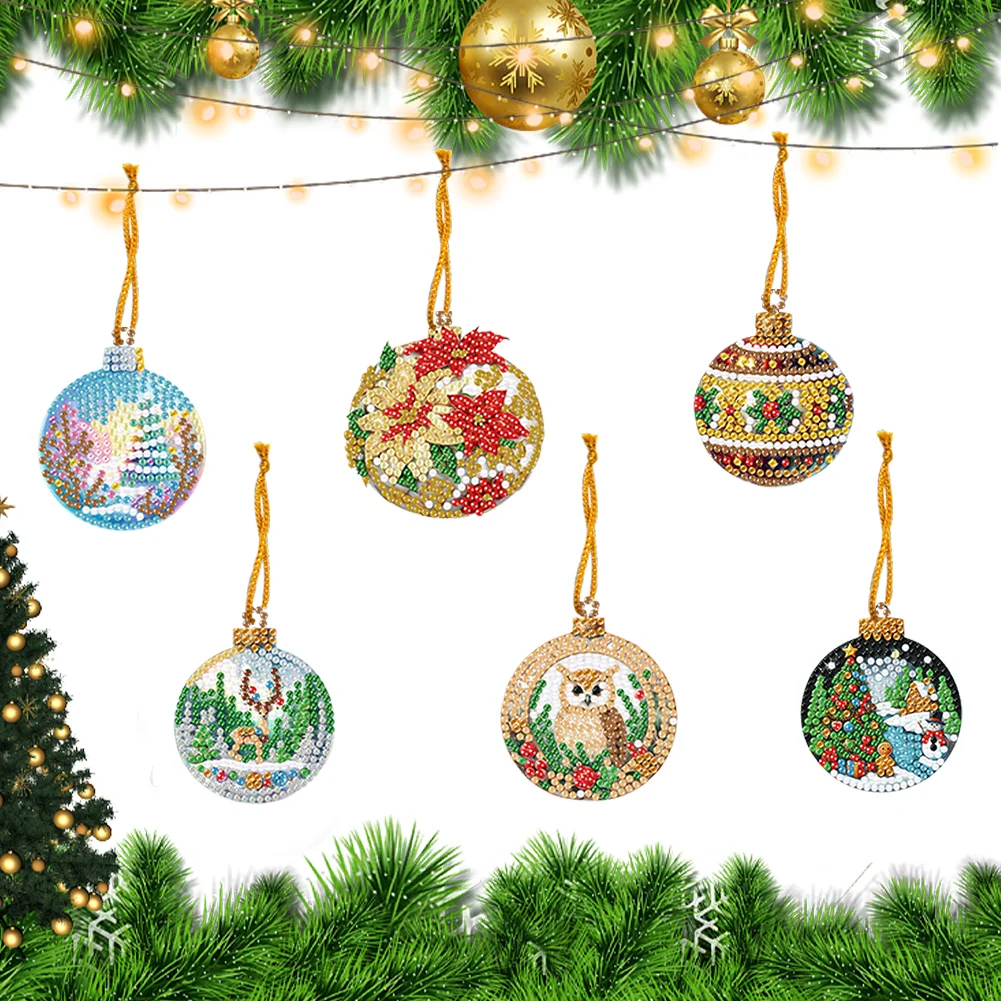 6pcs Xmas Balls 2D Flat DIY Diamond Painting Art Pendant Wall Door Decoration