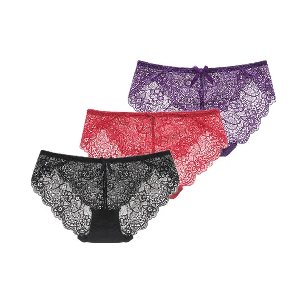 3Pcs/Lot Sexy Lace Underwear Women Transparent Low Waist Panties Cotton Crotch Briefs for Girls Breathable Seamless Lingeries