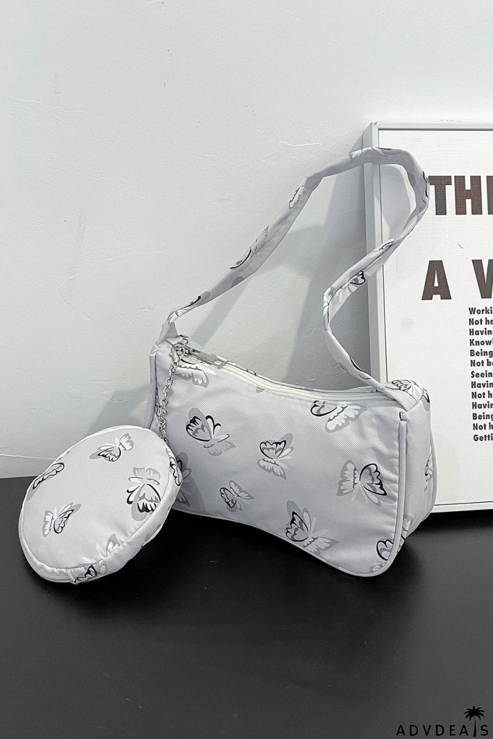 Butterfly Print Shoulder Bag with Purse