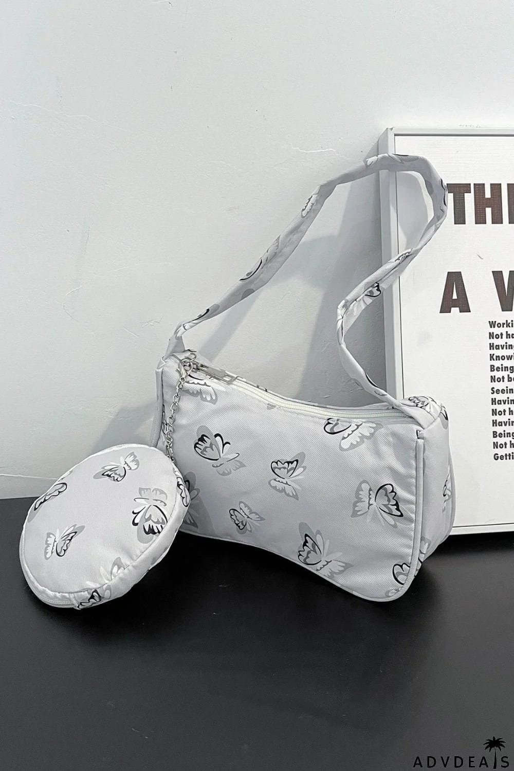 Butterfly Print Shoulder Bag with Purse