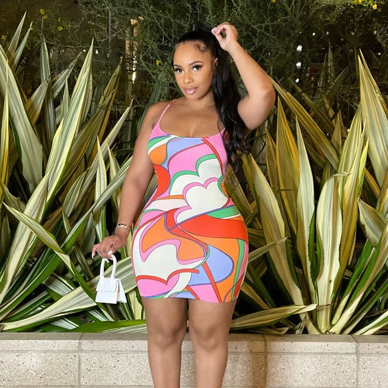 BIIKPIIK Off Shoulder Multicolor Print Spaghetti Strap Mini Dress Sexy Skinny 2022 Summer Casual Streetwear Activity Dresses Hot