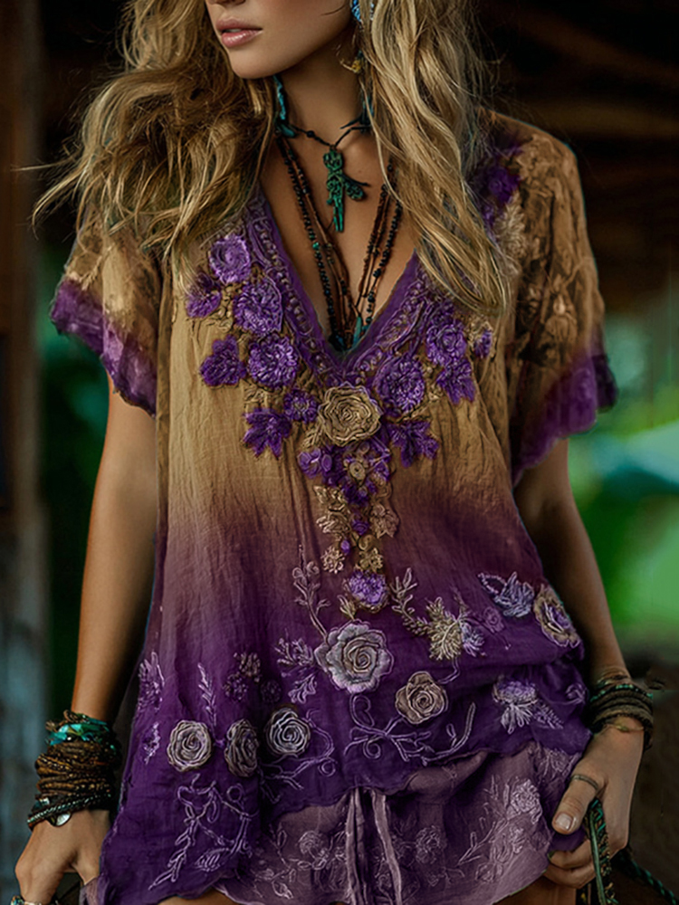 Classy Blue Rose And Floral Embroidered Linen V Neck Short Sleeve T-shirt wearshes