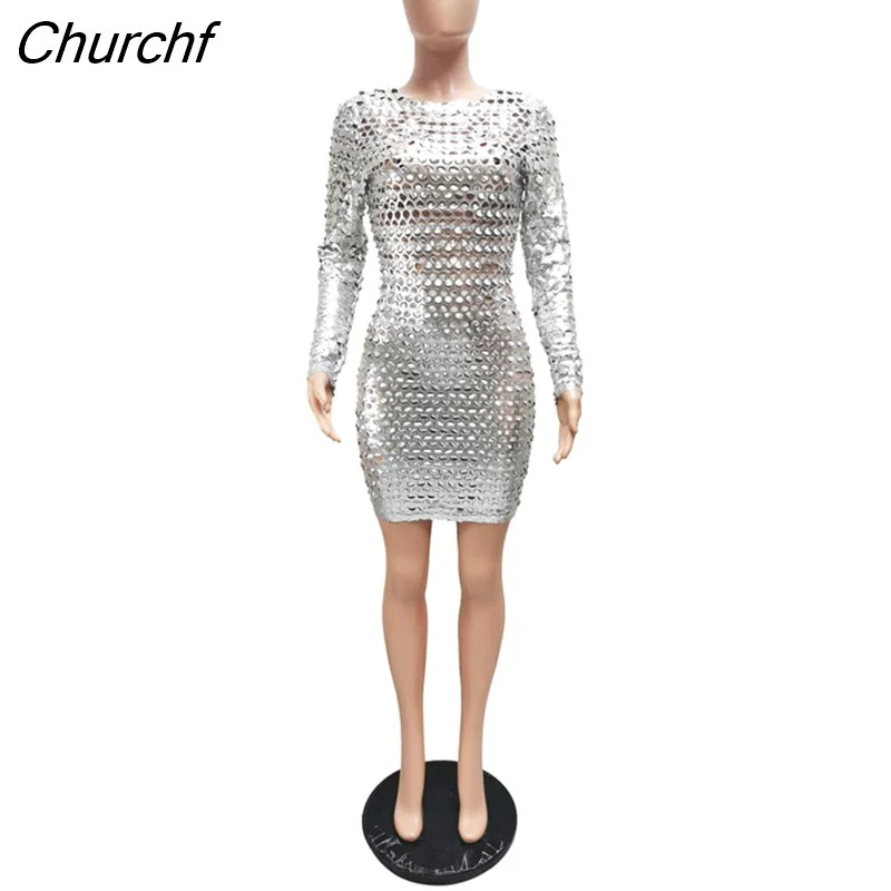 Churchf Dress For Women Long Sleeve Sexy Hollow Out Dresses Spring Autumn Solid O-Neck Fashion Party Nightclub Outfits 2023 New