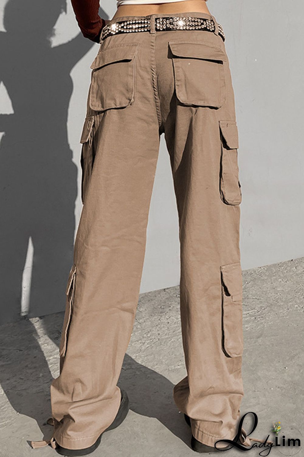 Green Street Solid Patchwork Pocket High Waist Straight Solid Color Bottoms