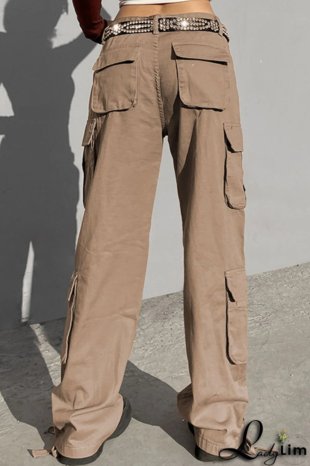 Green Street Solid Patchwork Pocket High Waist Straight Solid Color Bottoms