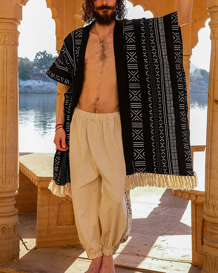 Men's Retro Tribal Print Tassel Cardigan