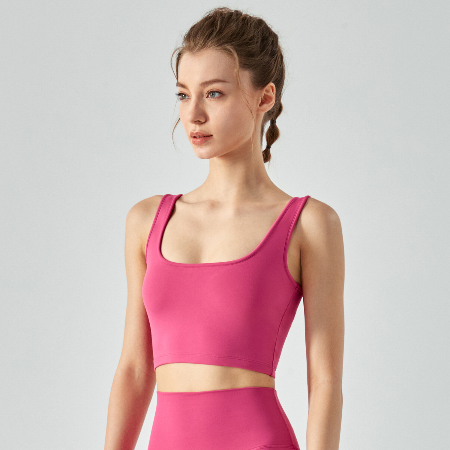 Hergymclothing Pink Lychee 8 ways stretch fabric high support shock absorber eco friendly ethical sports bras with removable cups for sale