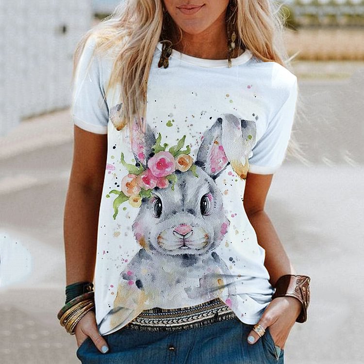 Comstylish Cute Watercolor Rabbit Print Casual T-Shirt