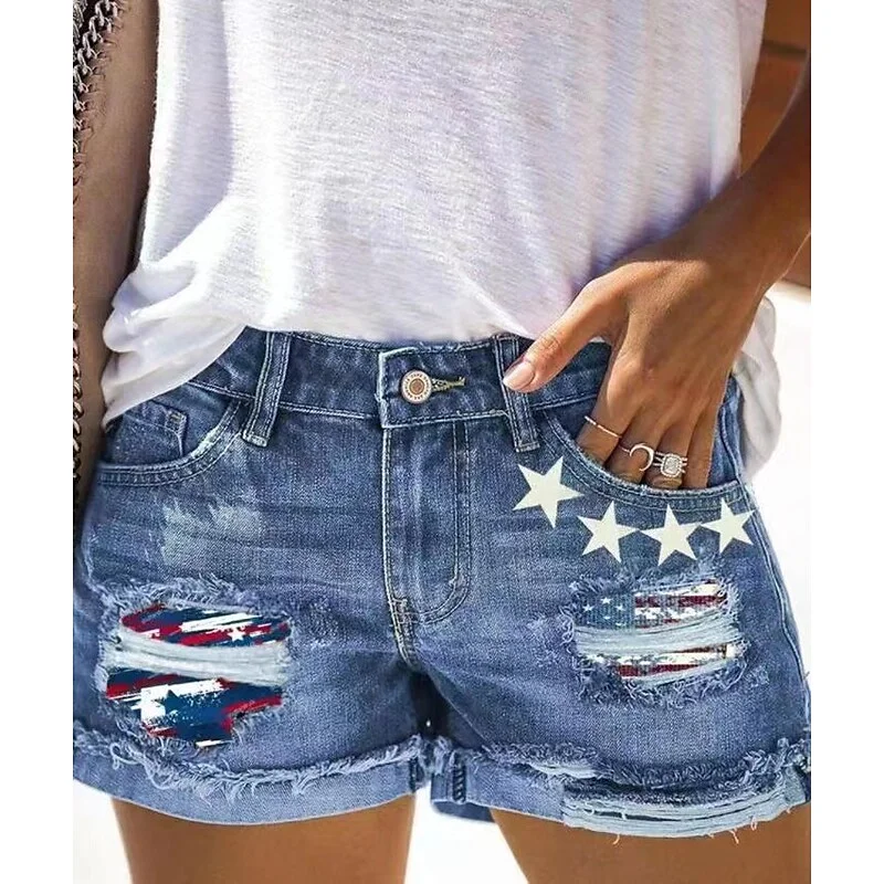 Women's Jeans Shorts Denim Blue Mid Waist Fashion Casual Weekend Side Pockets Cut Out Micro-elastic Short Comfort American Flag S M L XL XXL / Print | IFYHOME