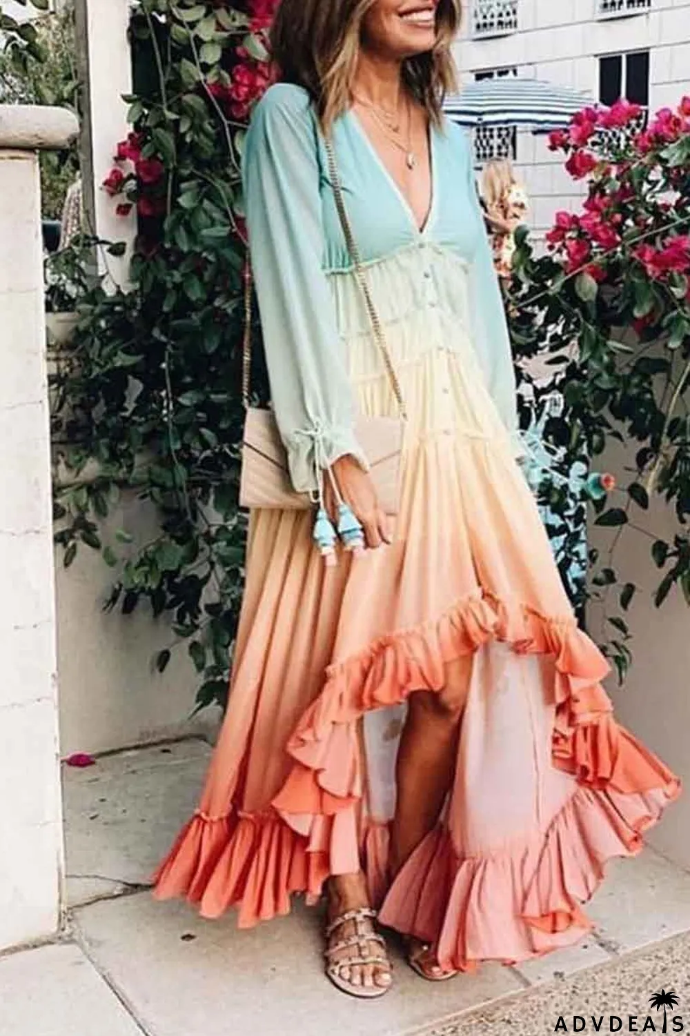 V Neck Long Sleeve Gradient Dress