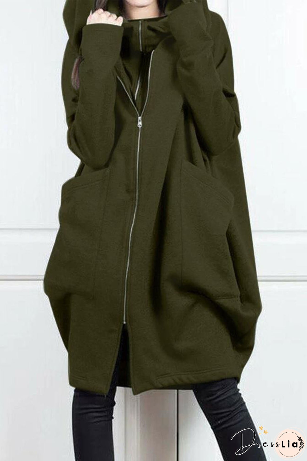 Hooded Pocket Zipper Mid-Length Cardigan