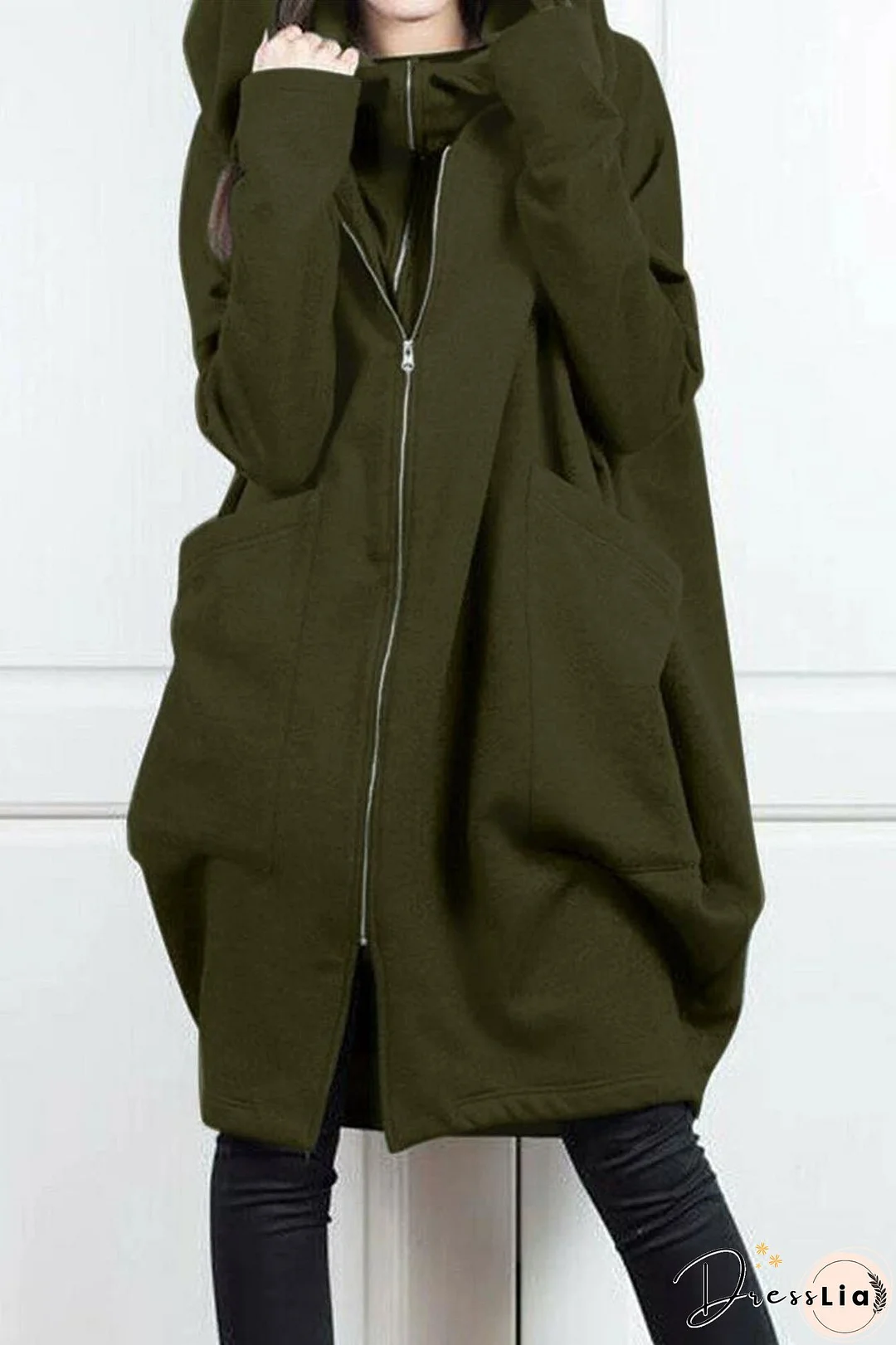 Hooded Pocket Zipper Mid-Length Cardigan