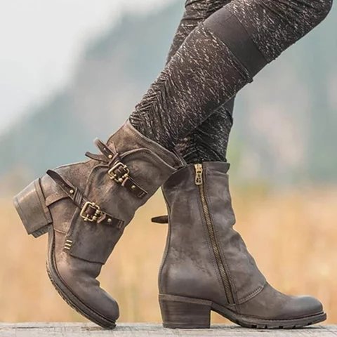 VCSHOES Leather Buckle Zipper Chunky Heel Ankle Boots