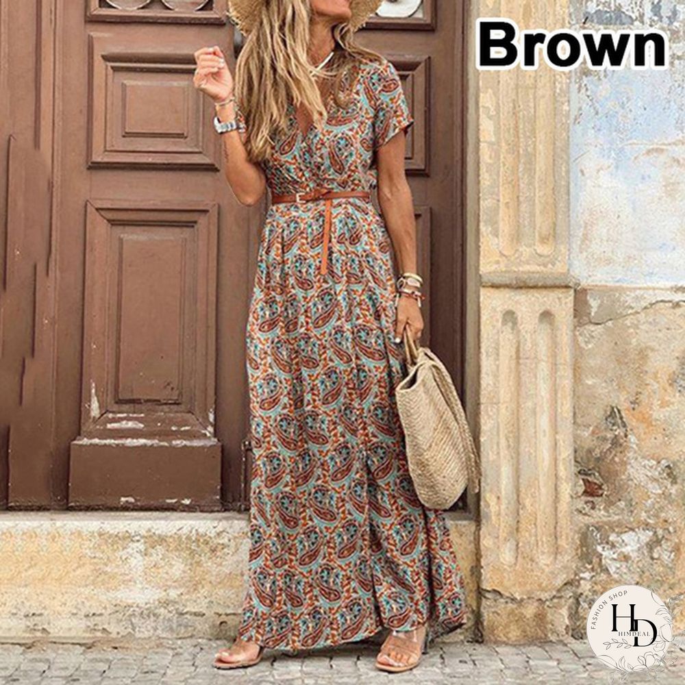Summer Womens Fashion Retro Floral Elegant Dress Ladies Loose Casual Long One-_piece