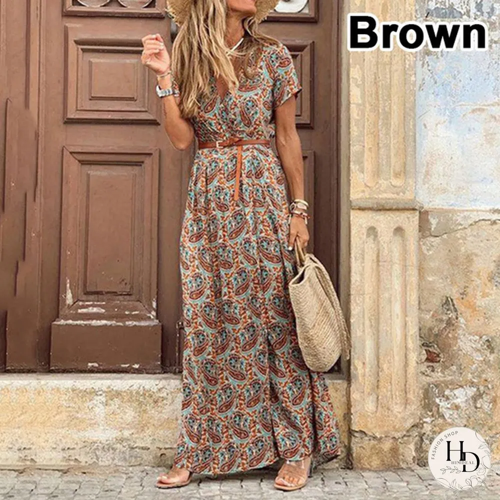 Summer Womens Fashion Retro Floral Elegant Dress Ladies Loose Casual Long One-_piece