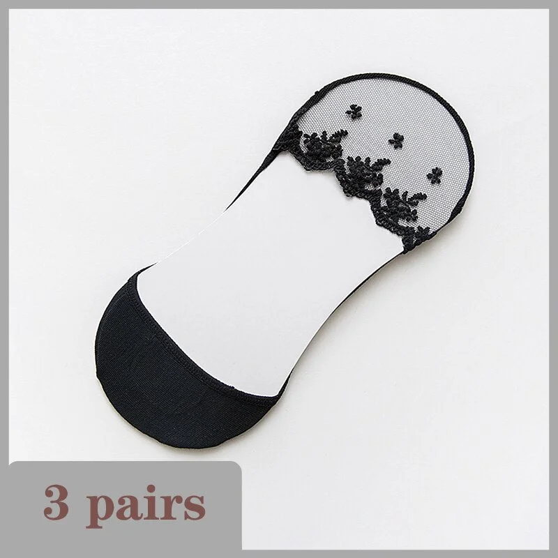 Lace Socks Women Summer Breathable High Heel Invisible Boat Socks Ankle Low Cut Sock Solid Embroidered Female Sox 3 Pairs