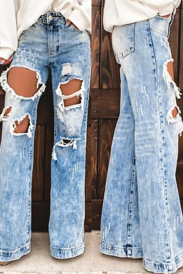 Ripped Holes Straight Cut Jeans