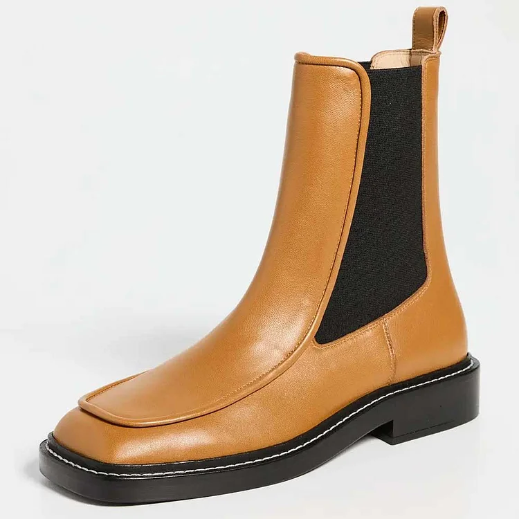 Brown Square Toe Slip-On Flat Ankle Boots with Contrast Stitching |FSJ Shoes