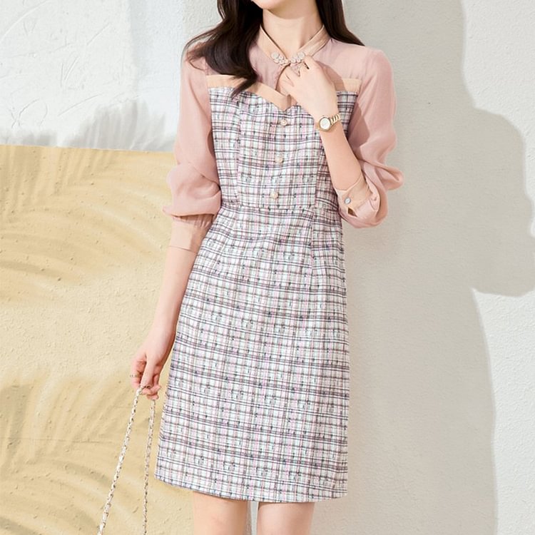 Pink Checkered/plaid Long Sleeve Paneled Dresses QueenFunky