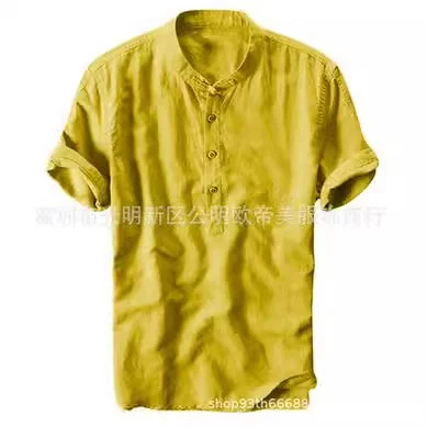 Brownm Brownm Summer Travel Holiday Men's Leisure Simple Small Fresh Linen Shirt Thin Solid Color Short-Sleeved Leisure T-Shirt