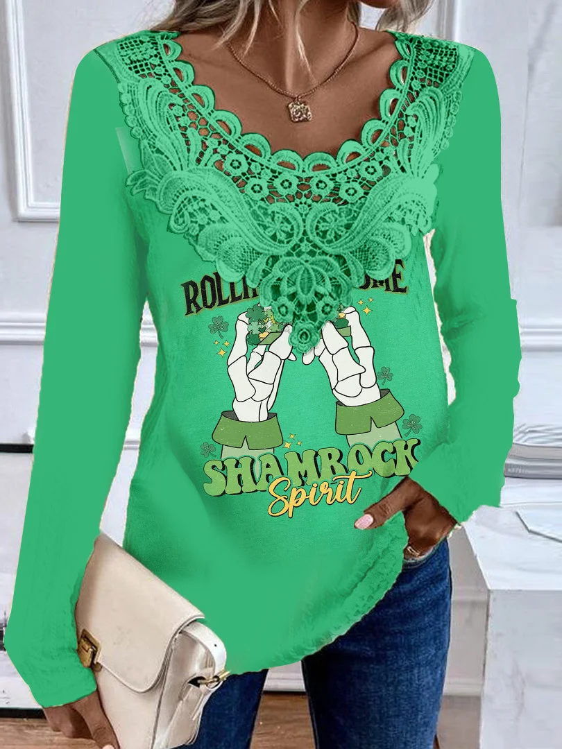 Women's Long Sleeve Scoop Neck Graphic Lace Top
