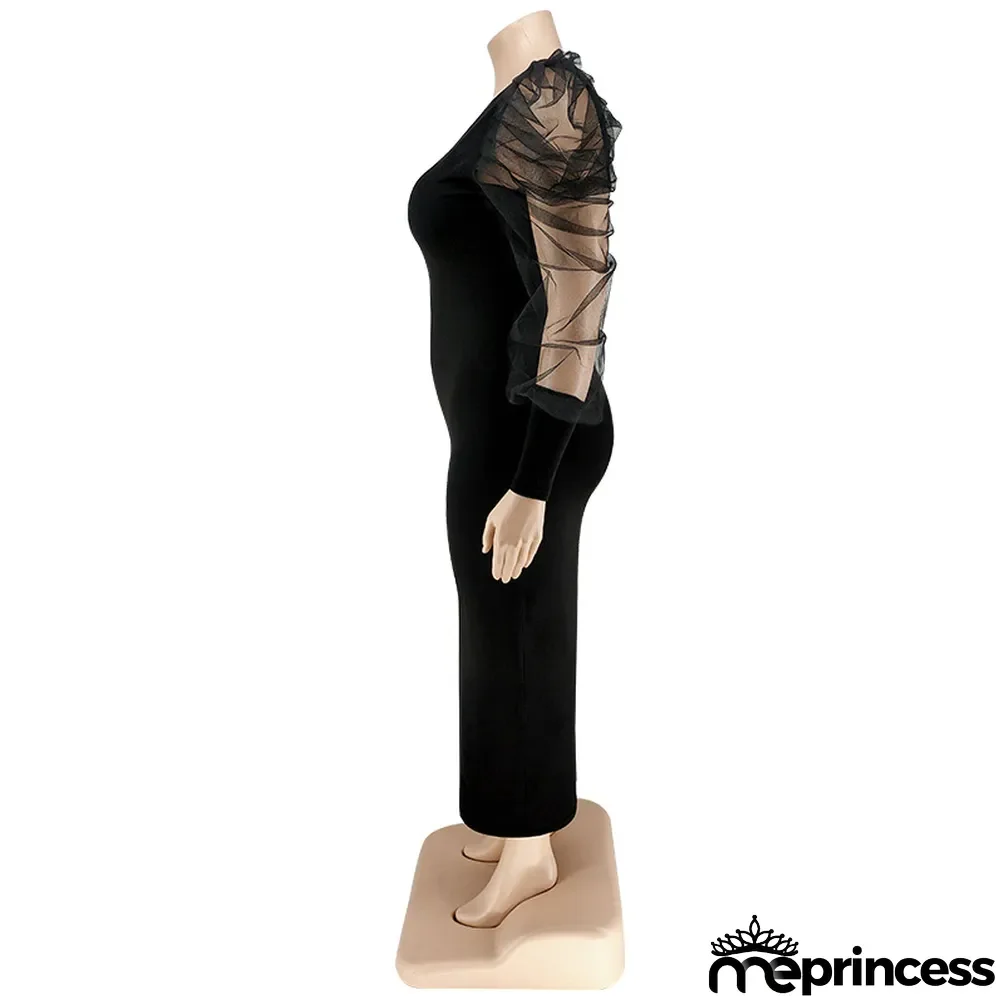 Plus Size Fall Women'S Round Neck Ruched Mesh Long Sleeve Solid Color Long Dress