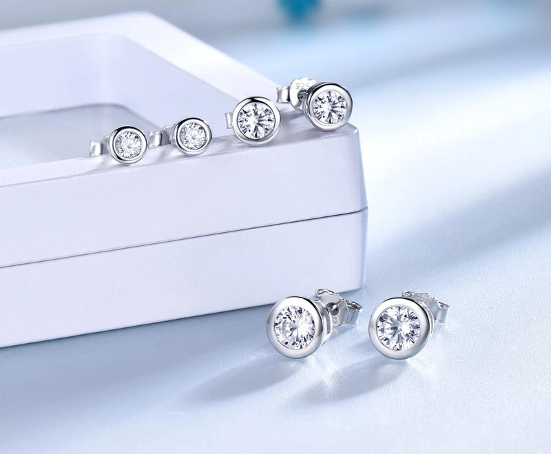 925 Sterling Silver Silver ZIRCON Round EARRINGS Stud Earrings