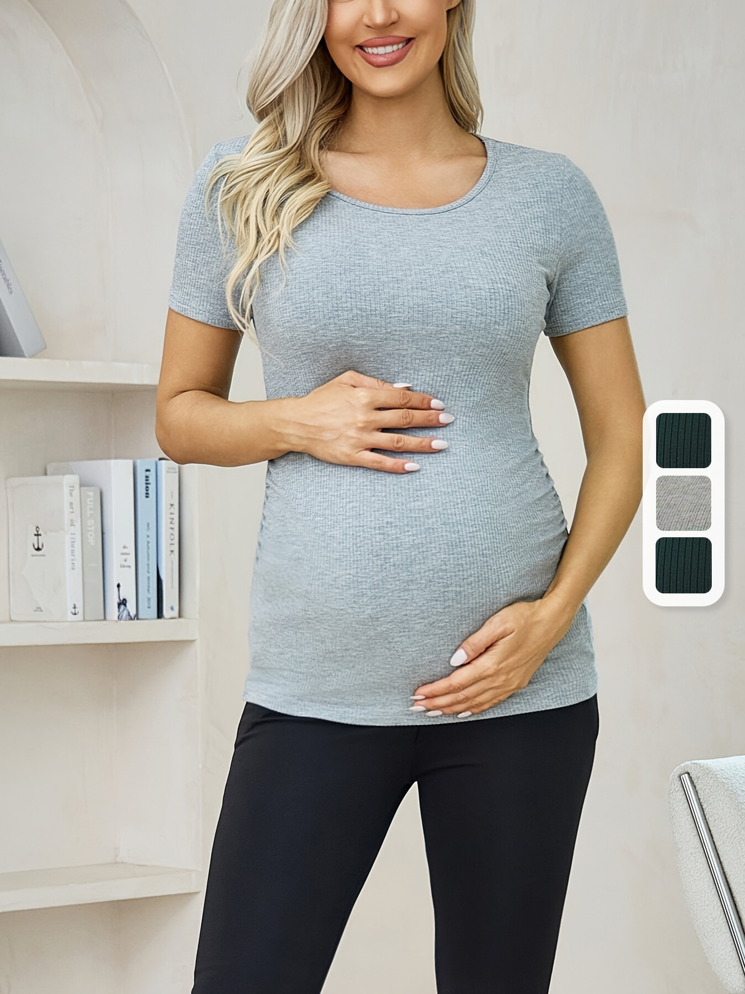 3pcs Women's Maternity Tops Short Sleeve Ribbed Tee Shirts Scoop Neck Casual Pregnancy Mama Clothe | IFYHOME