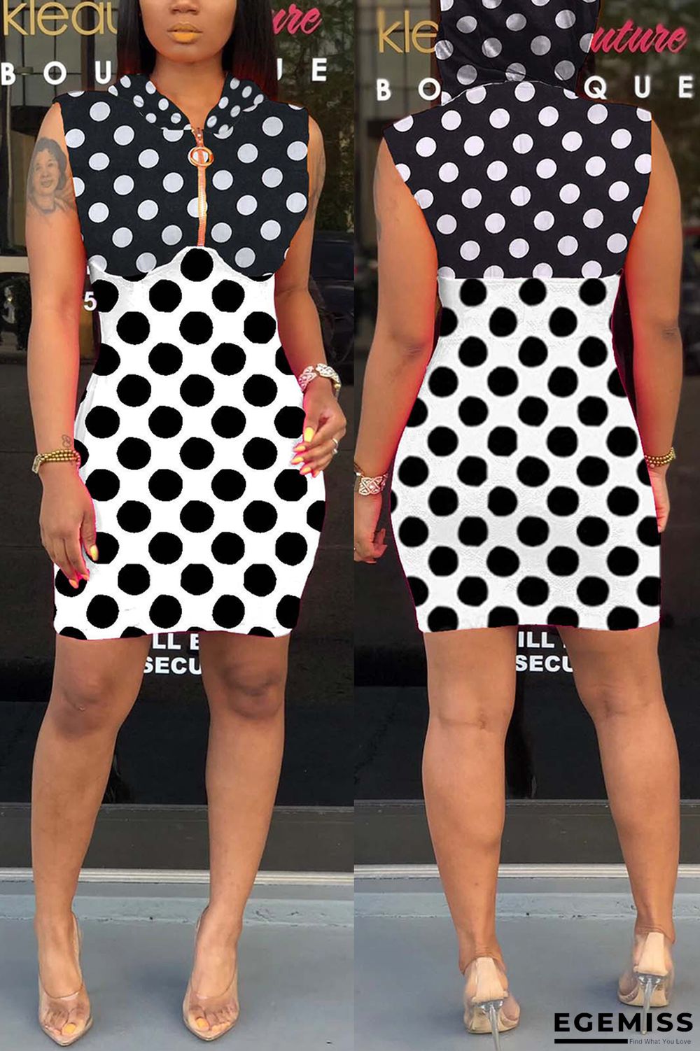 BlackWhite Fashion Polka Dot Print Hooded Dress | EGEMISS