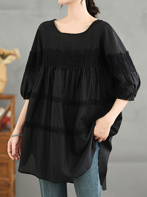 Lace Pleated Round Neck Puff Sleeve Top