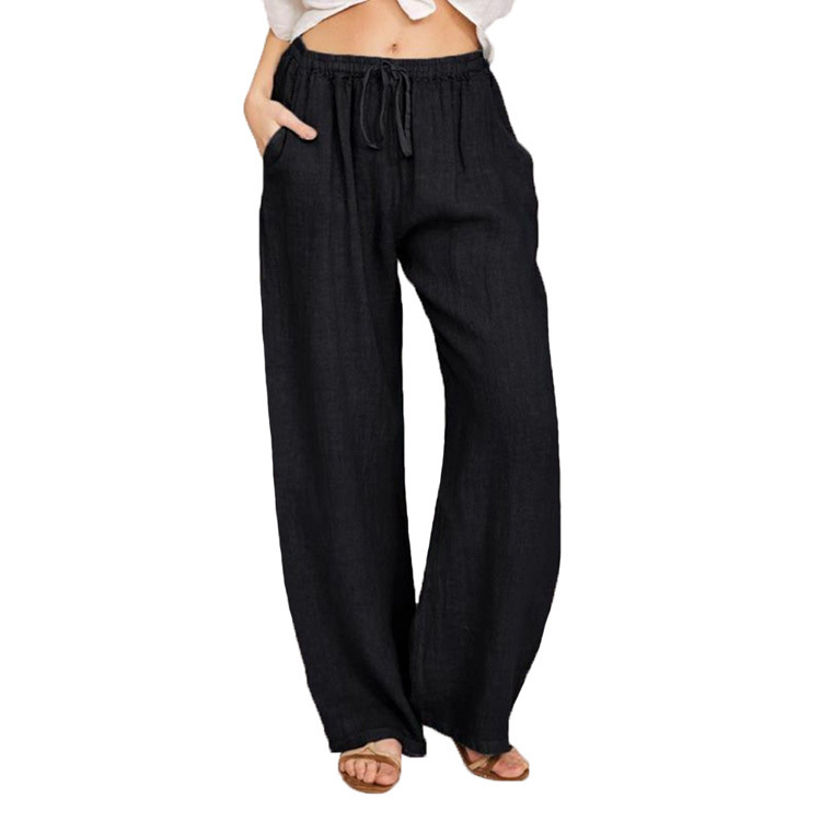 Mature Women Soft Casual Drawstring Tie Trousers Summer Elastic Waist Loose Jogger Pants With Pockets