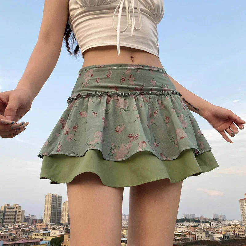 Kawaii Floral Pleated Skirts Frill Low Waisted Sweet Preppy Style Vintage Short Skirts Women Aesthetic Grunge Fairycore Clothes
