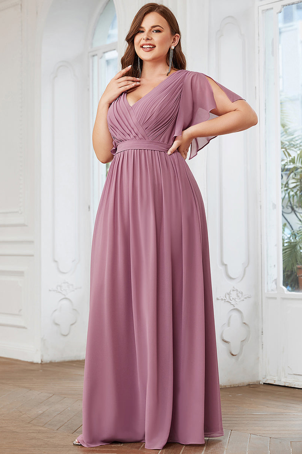 Plus Size Formal Orchid Chiffon Pleated Deep V Neck Split Ruffle Sleeve Tunic Maxi Dress 2024 - Flycurvy 
