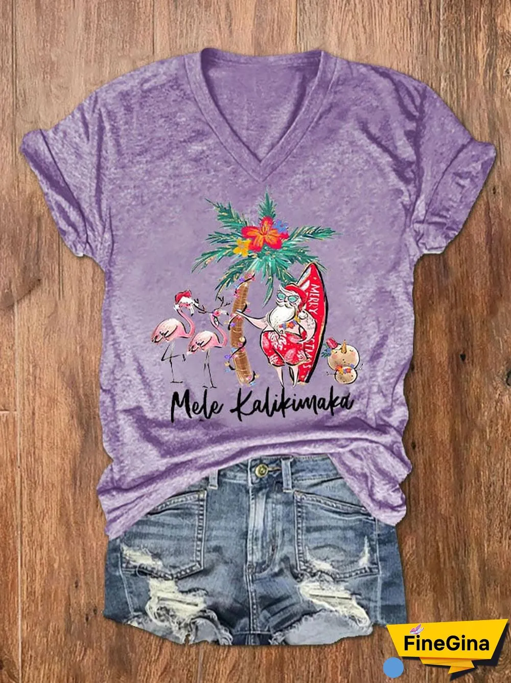 Women's Mele Kalikimaka Hawaii Christmas Print V-Neck T-Shirt