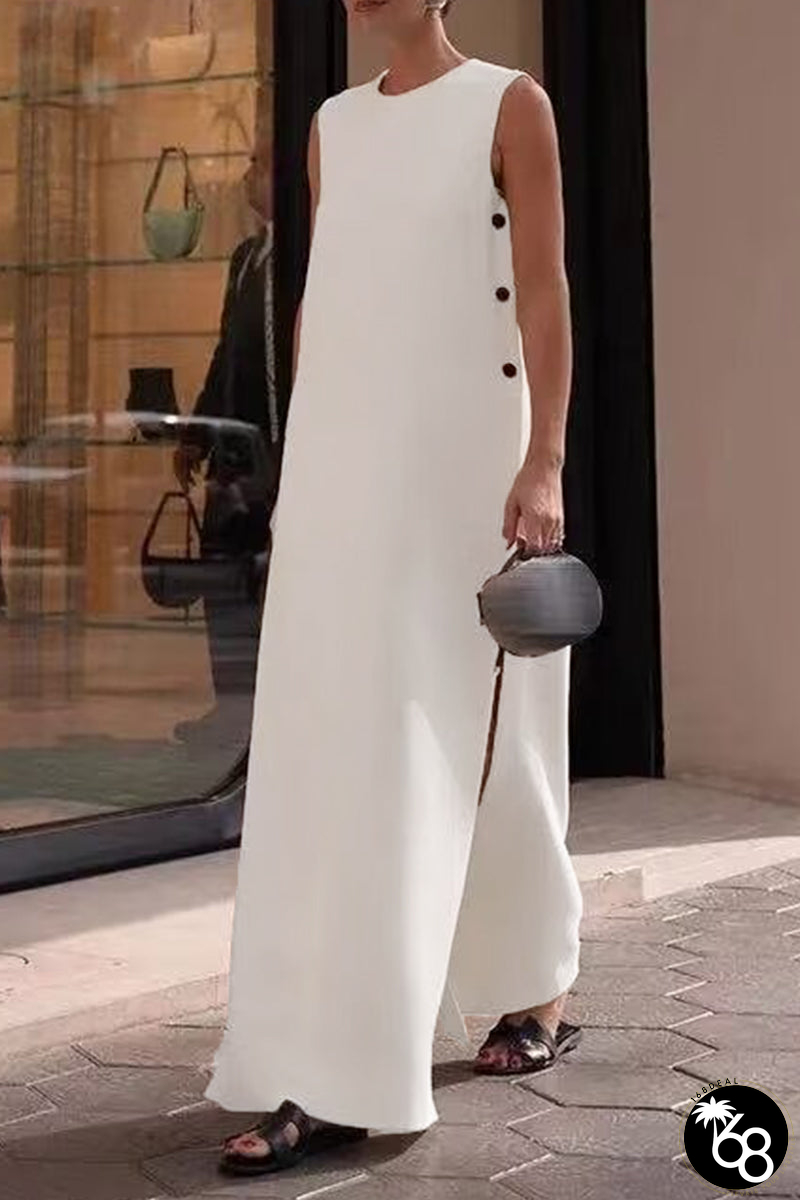 Casual Simplicity Solid Buttons Slit O Neck Sleeveless Dresses | 168DEAL