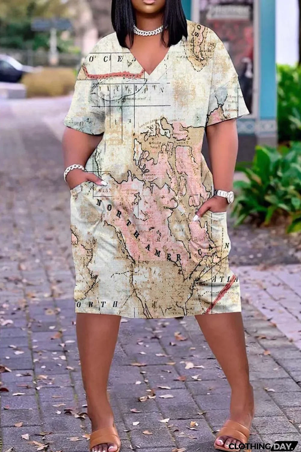 Khaki Casual Print Split Joint V Neck Straight Dresses