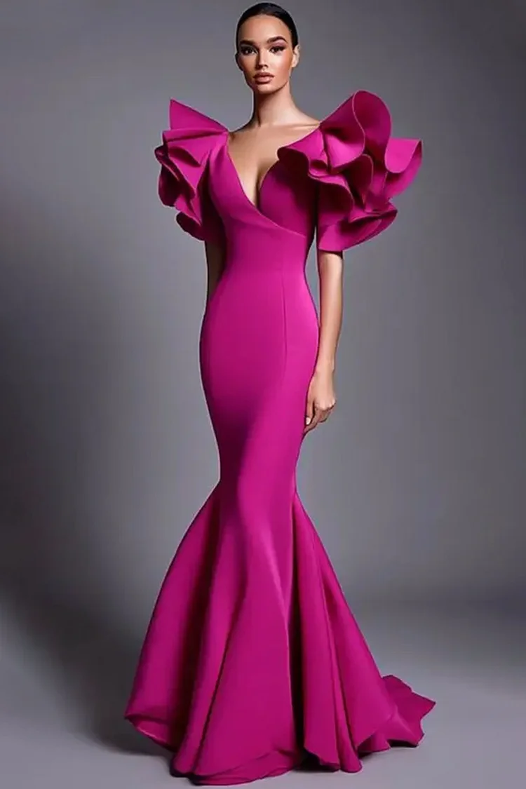 V Neck Ruffle Sleeve Mermaid Maxi Dress-Magenta [Custom-Made]