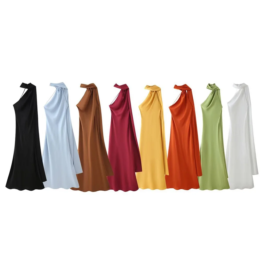 Nigikala Nigikala Homemade Niche New Women's Clothing In Spring And Summer Solid Color Hanging Neck Silk And Siding Texture Dress