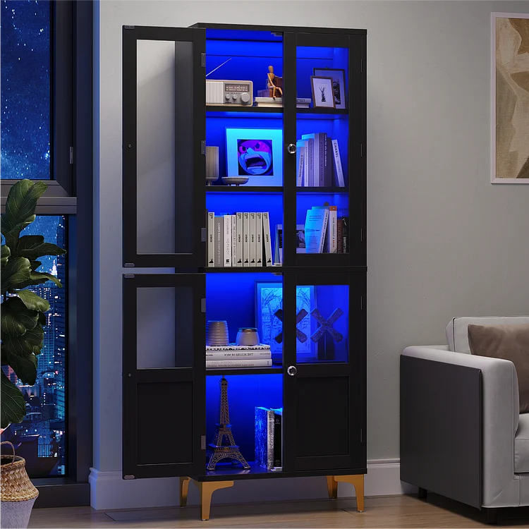 Bestier Pantry Cabinet with Glass Door, LED Light, Kitchen China Cabinet with Adjustable Shelf, Display Bookcase for Living Room Dining Room Storage