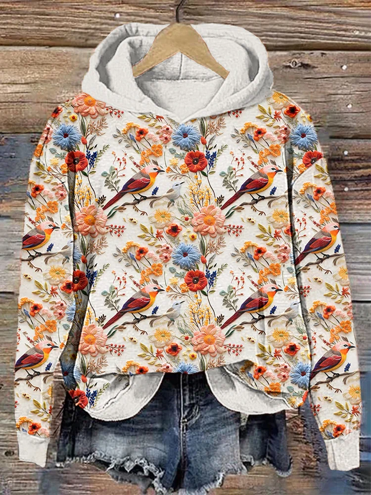 Wearshes Flower & Bird Embroidery Pattern Cozy Hoodie
