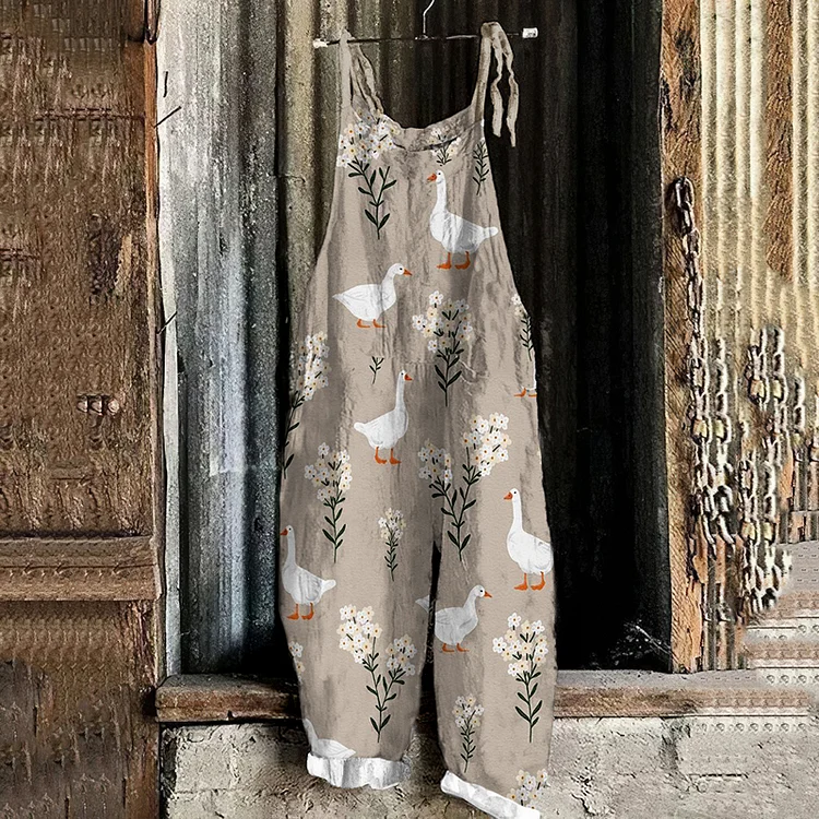 Farm Goose Floral Print Suspender Jumpsuit-mysite