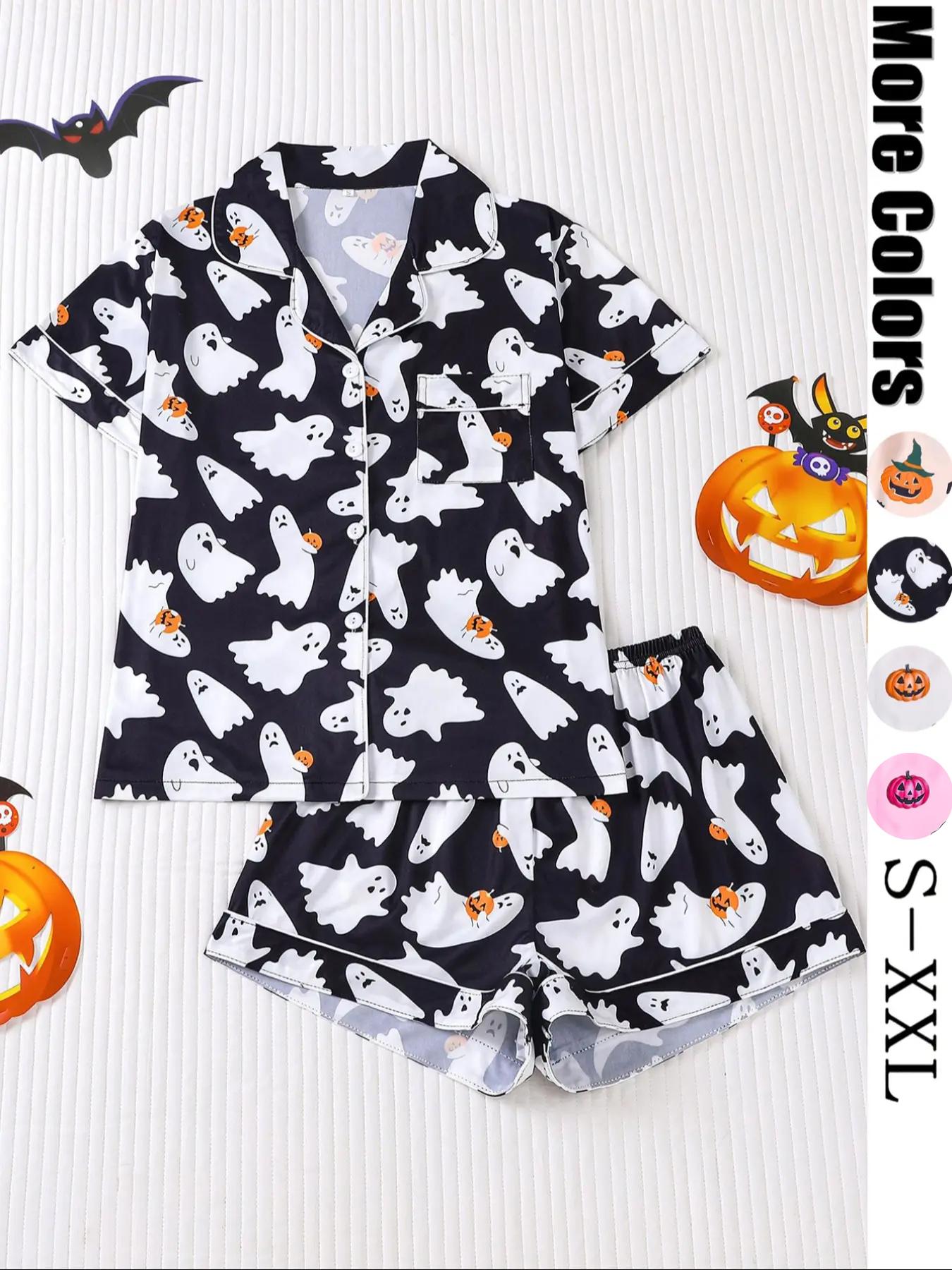 Women Christmas Pajama Set, Santa & Bowknot Tree Pattern, Short Sleeve Button-Up Shirt & Elastic Shorts, Casual All-Season Sleepwear Loungewear