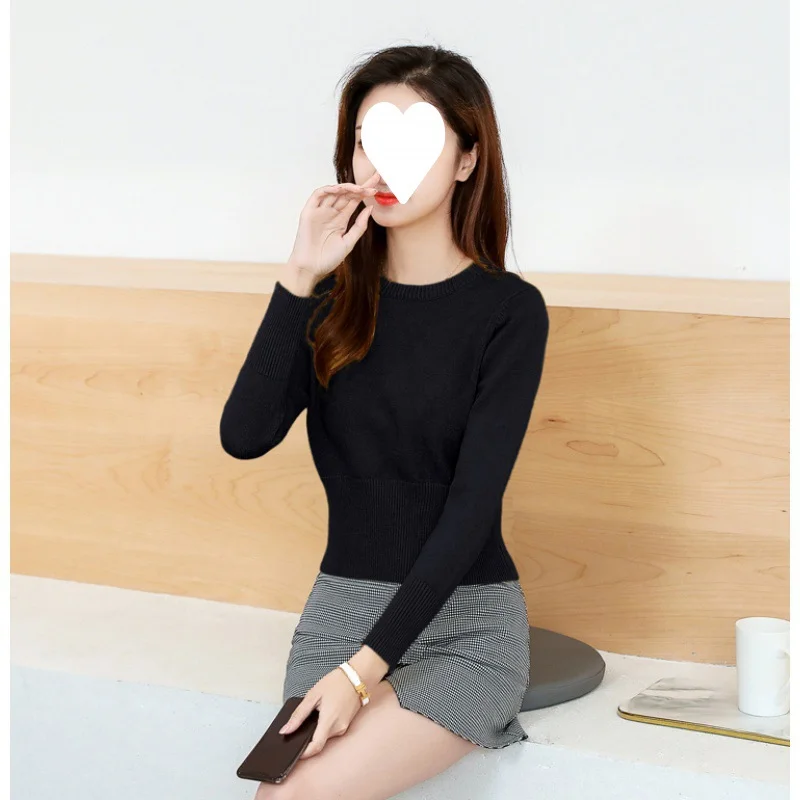 Uveng Uveng Autumn And Winter High-Waisted Short Round Neck Long Sleeves Knitted Waist Small Man Short Shirt Woman